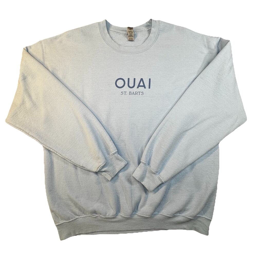 OUAI St Barts Sweatshirt Crewneck Light Blue Logo Size Large -387